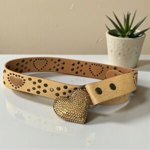 Bridget Schuster Gold Heart Rhinestone Leather Belt Size 36 Adjustable Like New